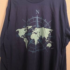 Navy Blue Long Sleeve Tee with World Map Design